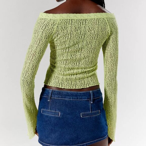 NWT UO Silence + Noise Delphine Lime Green Sheer Lace Top - Picture 2 of 6